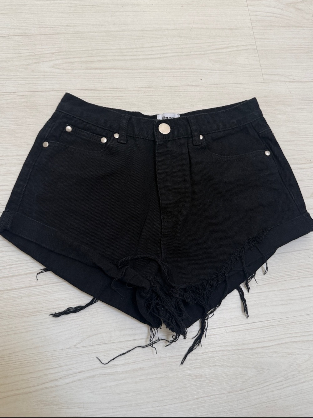 Princess Polly Black Distressed Frayed High-Rise Cutoff Denim Shorts